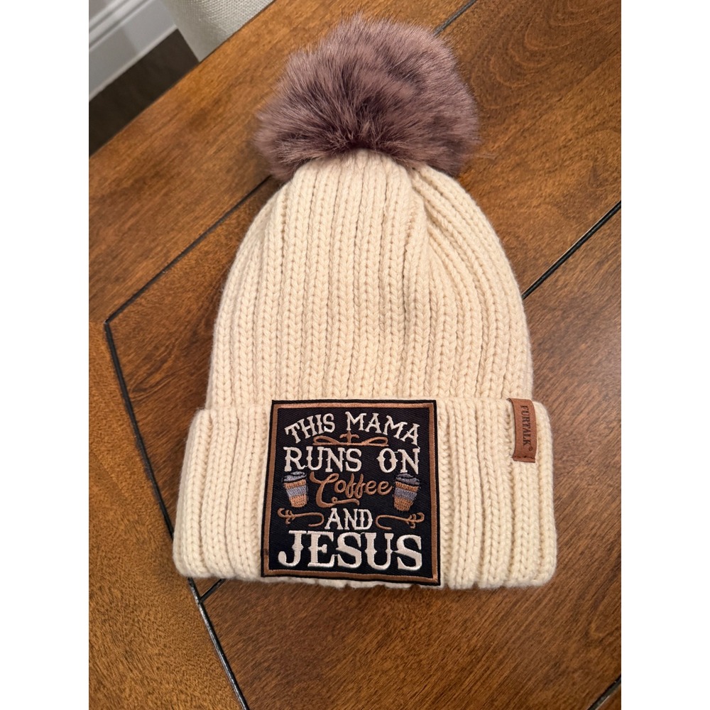 Mama Runs On Coffee And Jesus Satin Lined Pom Beanie Cream Hat